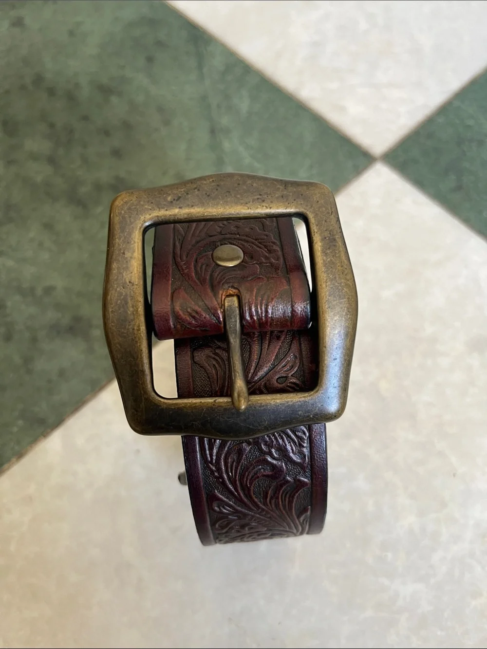 Brighton Embossed Floral Leather Belt in Deep Burgundy with Antique Brass Buckle